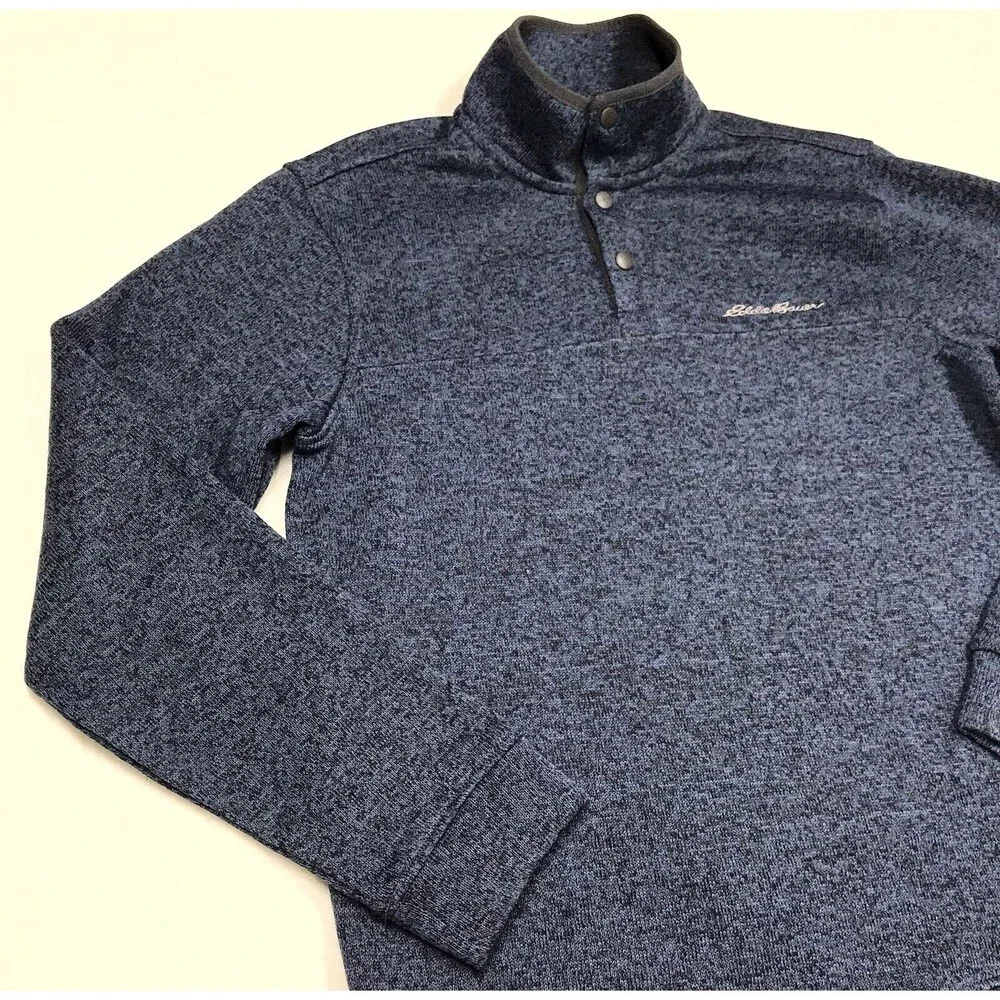 EDDIE BAUER 1/4 Button Fleece Sweater Men M Blue Lined Knit Outdoor Pullover